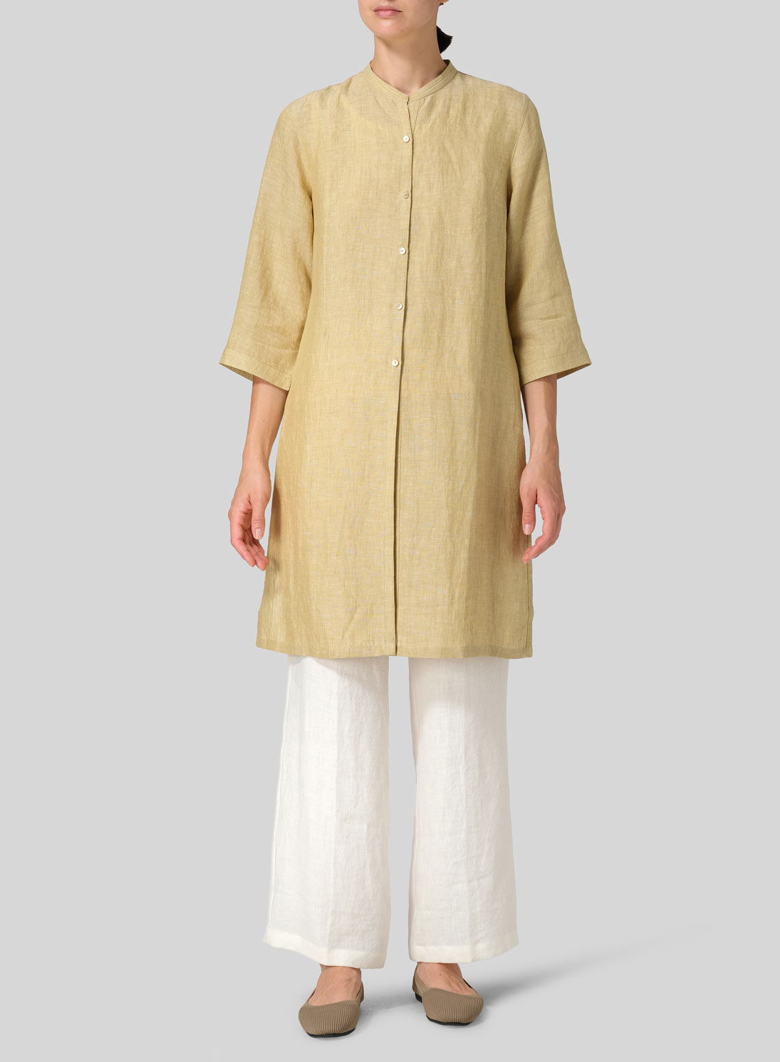 Linen Mandarin Collar Simple Long Blouse