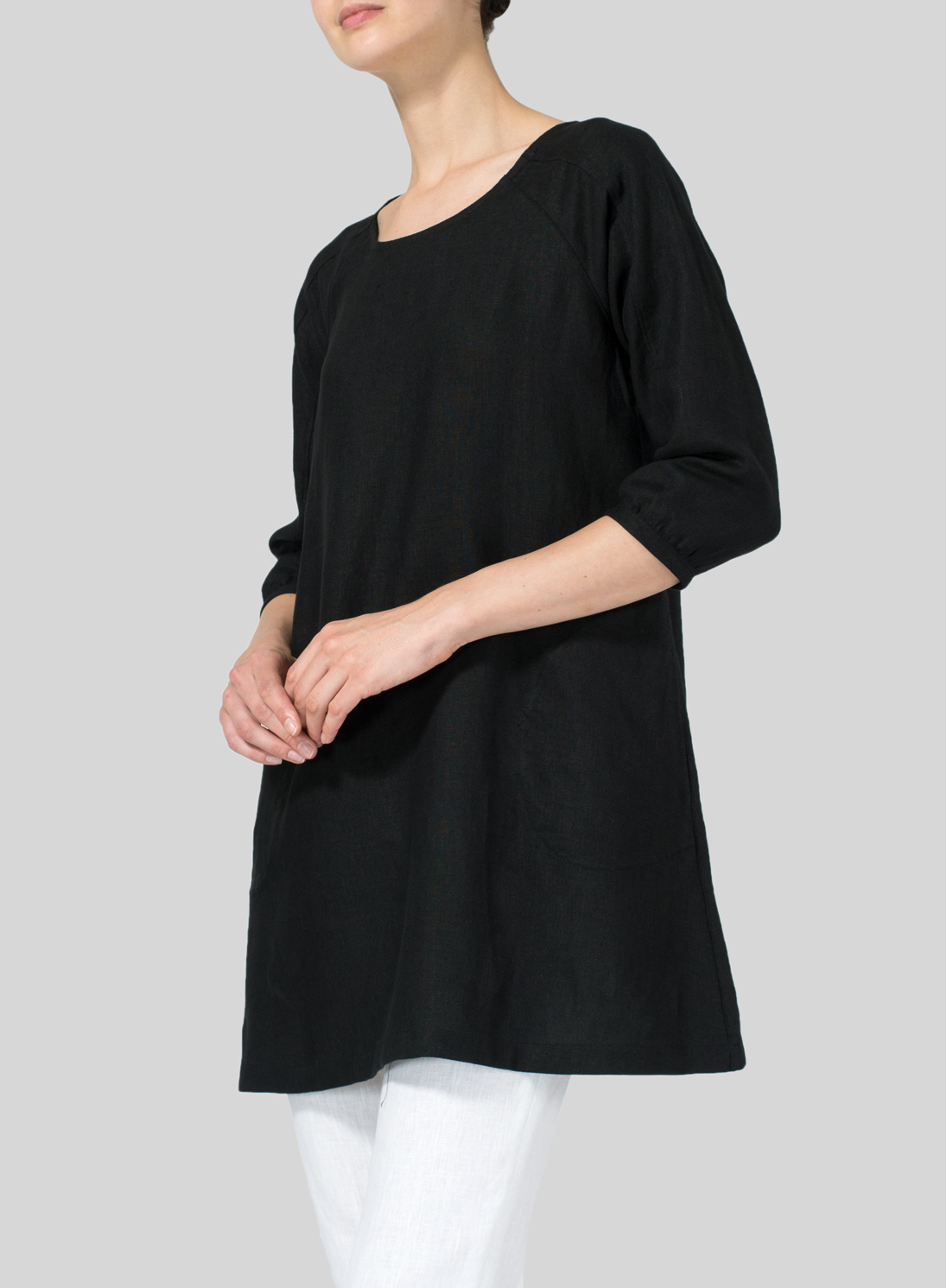 Black Linen Elbow Sleeve Tunic