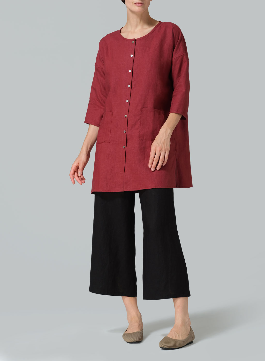 Linen Round Neck Button Front Top