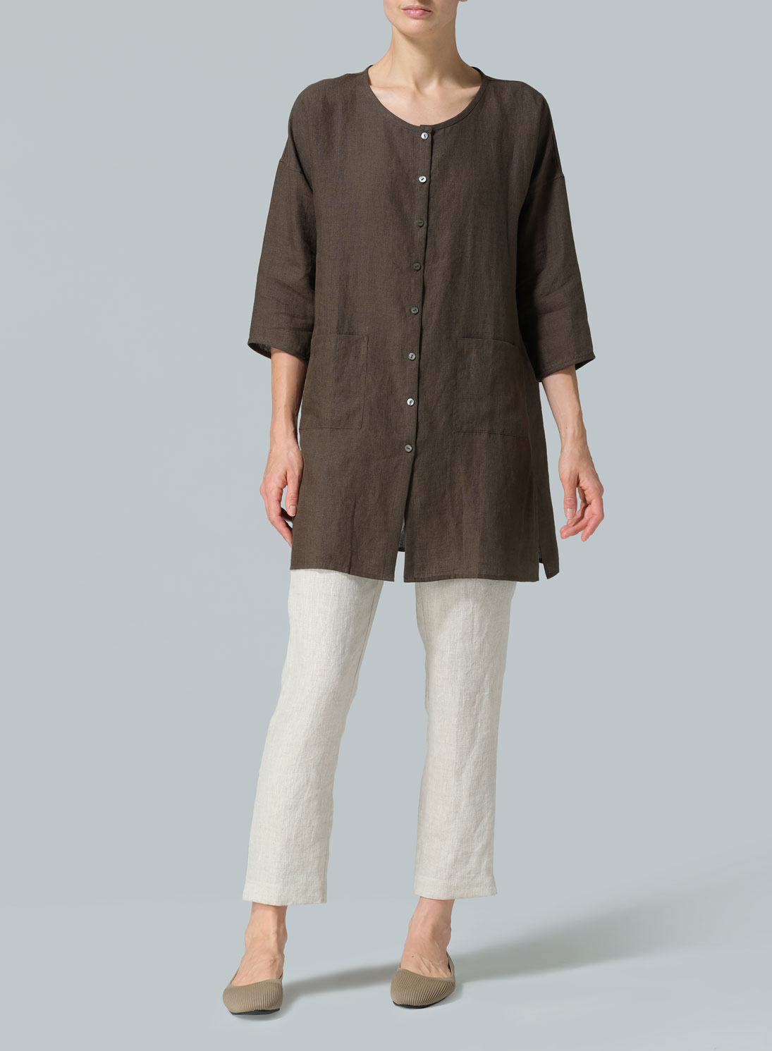 Linen Round Neck Button Front Top