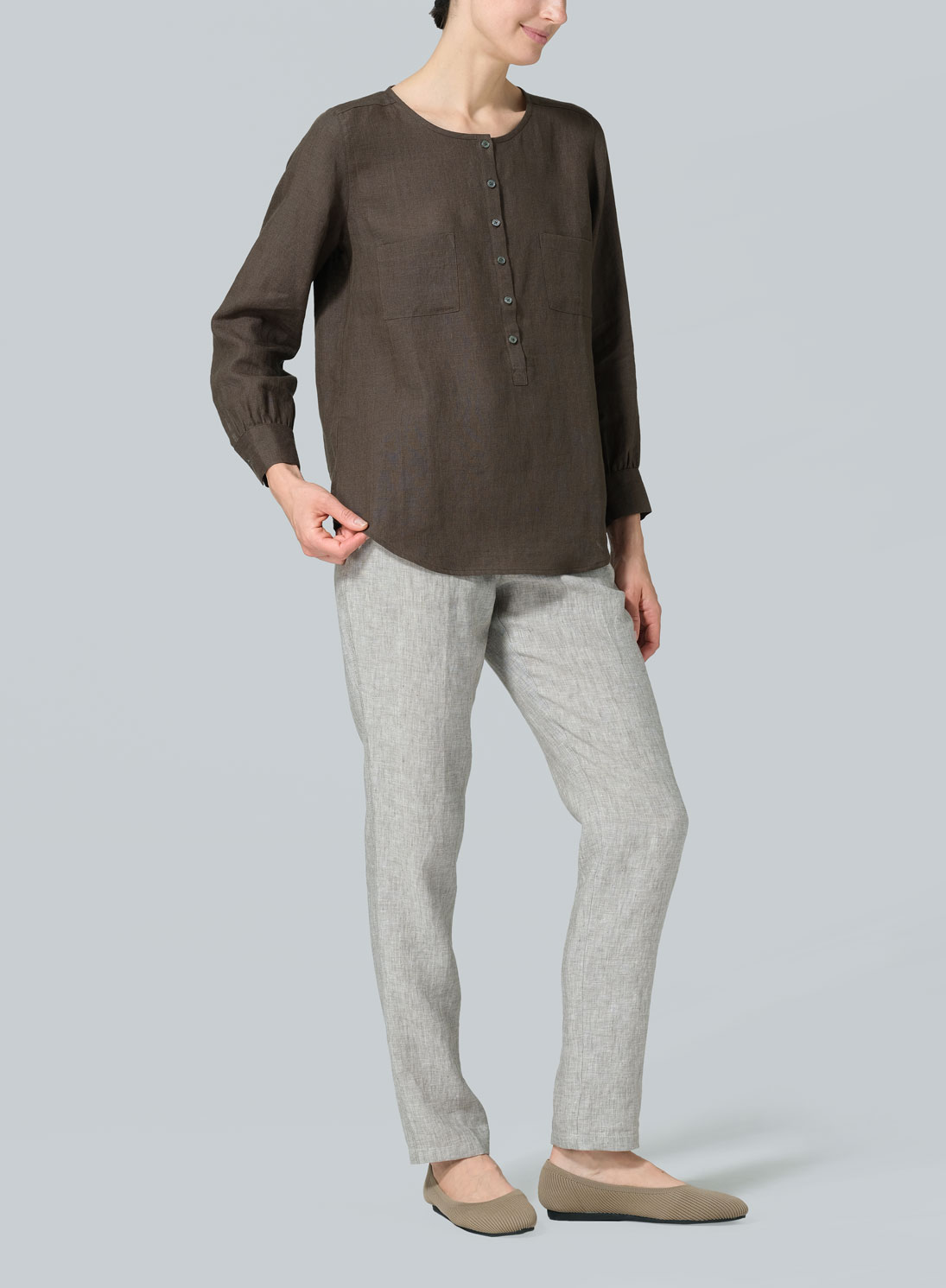 Linen Round Neck Long Sleeve Shirt