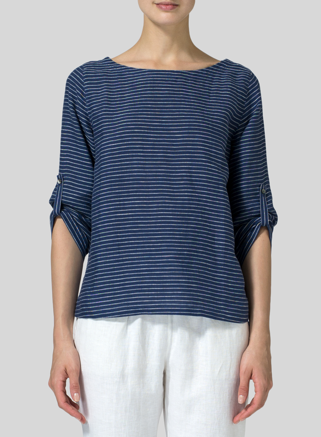 Linen Boat Neck Three-quarter Sleeve Top