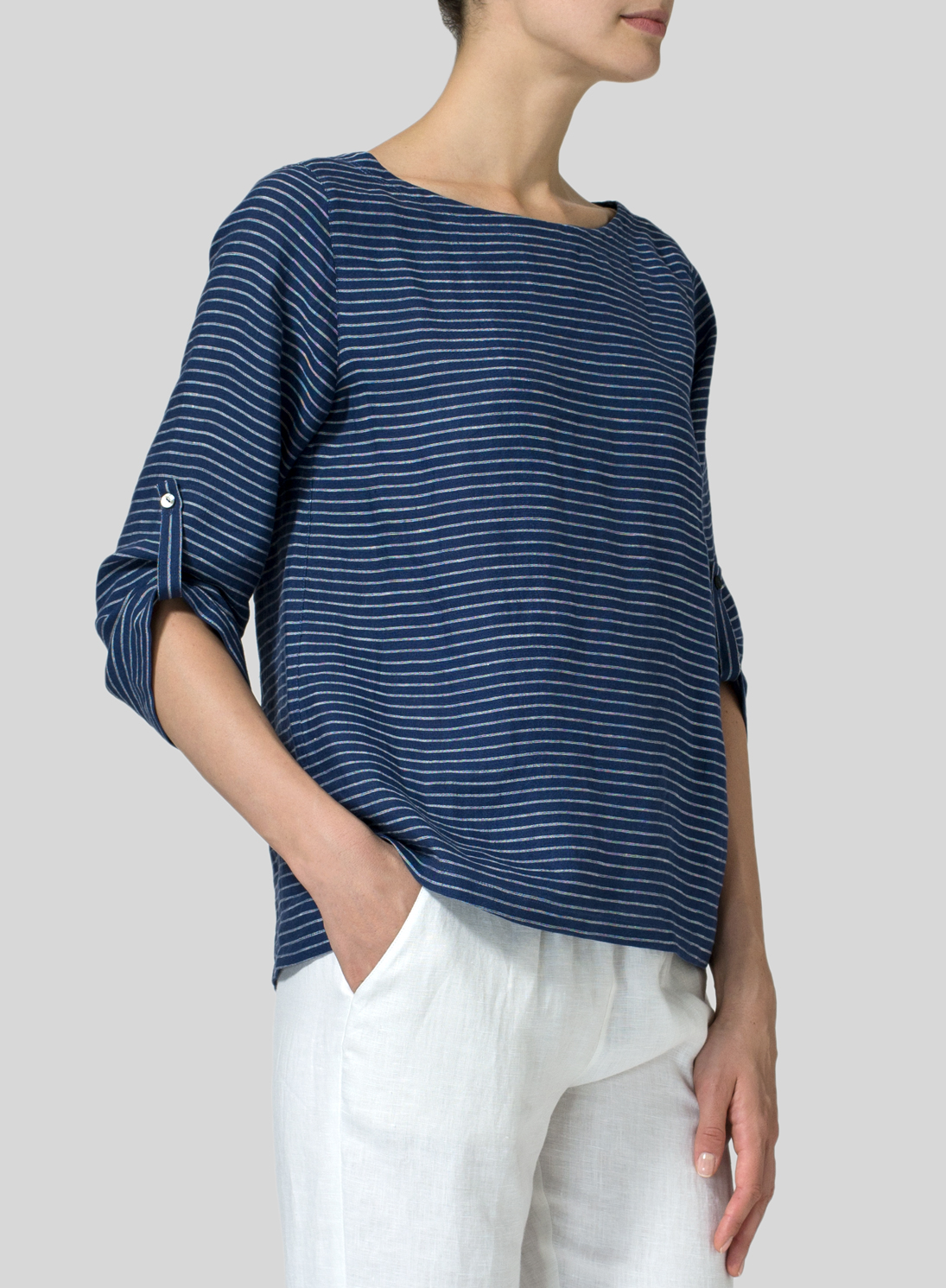 Linen Boat Neck Three-quarter Sleeve Top