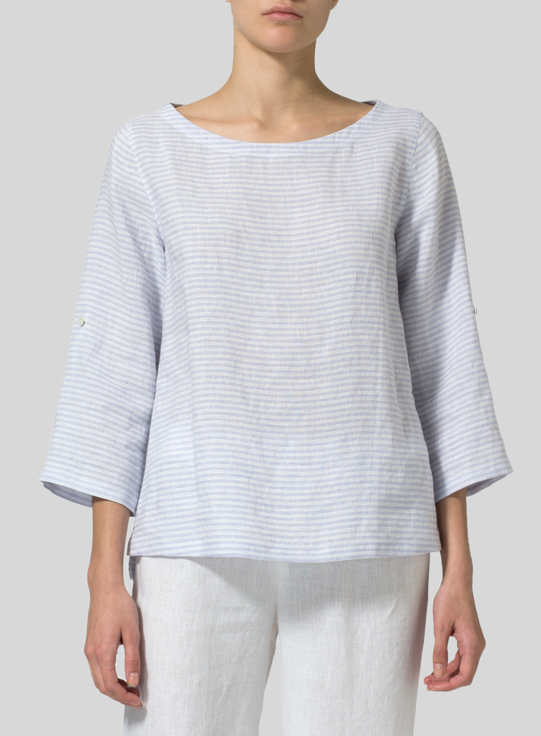 Linen Boat Neck Three-quarter Sleeve Top