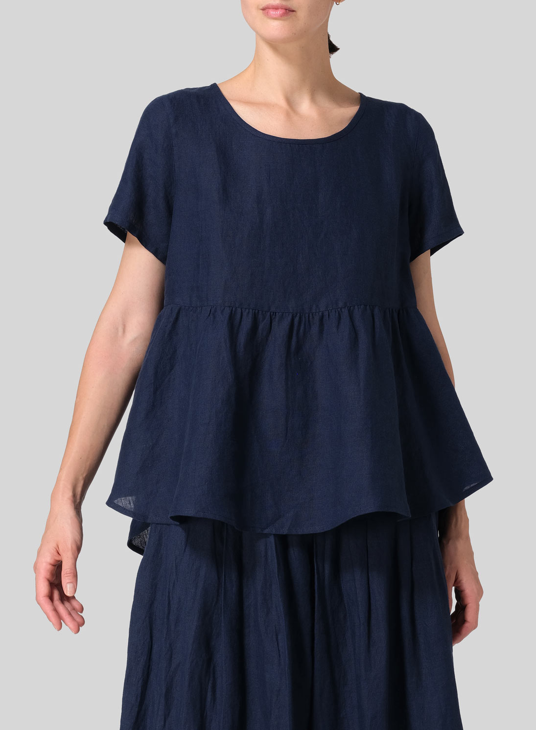 Linen Short Sleeve Pleated Blouse