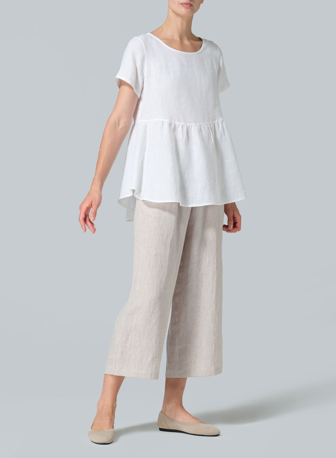 Linen Short Sleeve Pleated Blouse