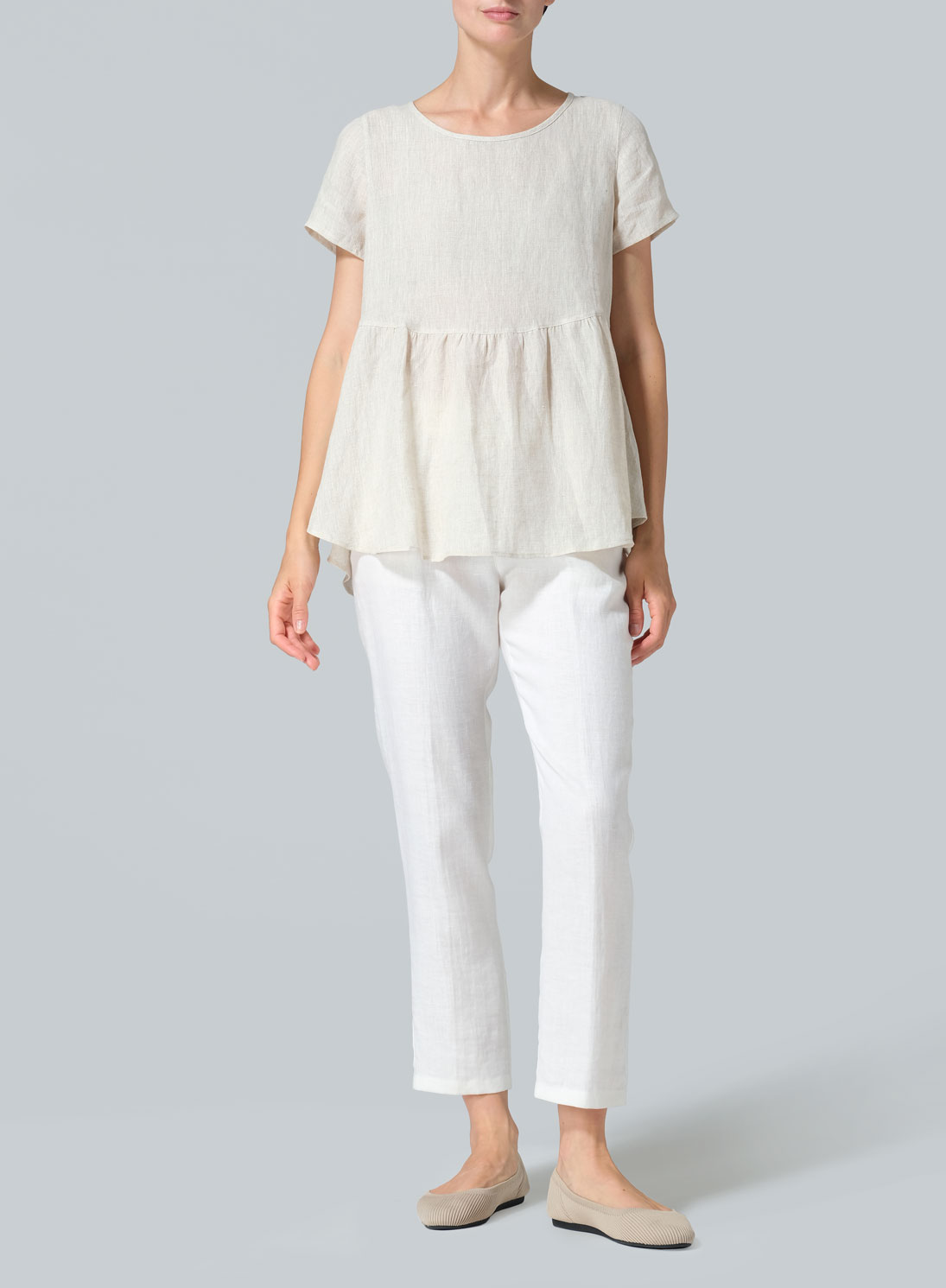 Linen Short Sleeve Pleated Blouse