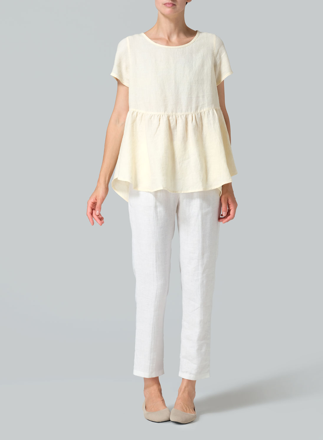 Linen Short Sleeve Pleated Blouse