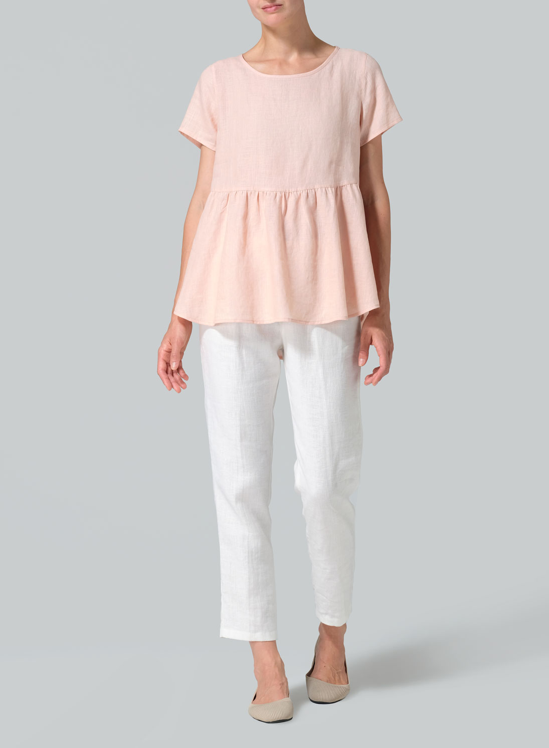 Linen Short Sleeve Pleated Blouse