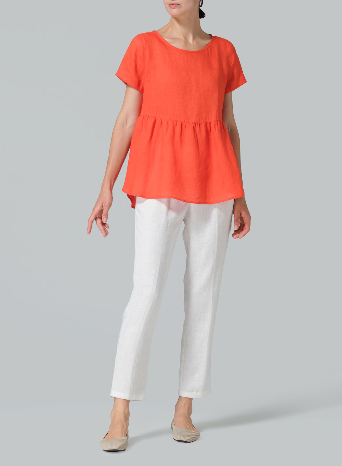 Linen Short Sleeve Pleated Blouse