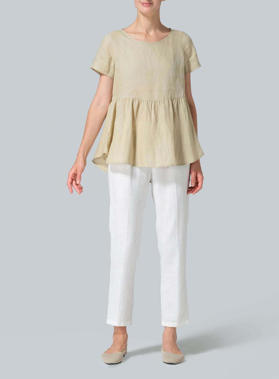 Linen Short Sleeve Pleated Blouse