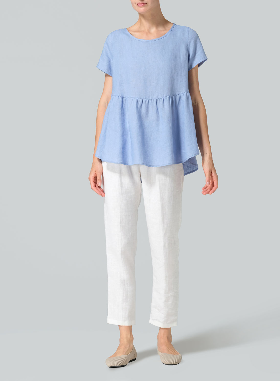 Linen Short Sleeve Pleated Blouse