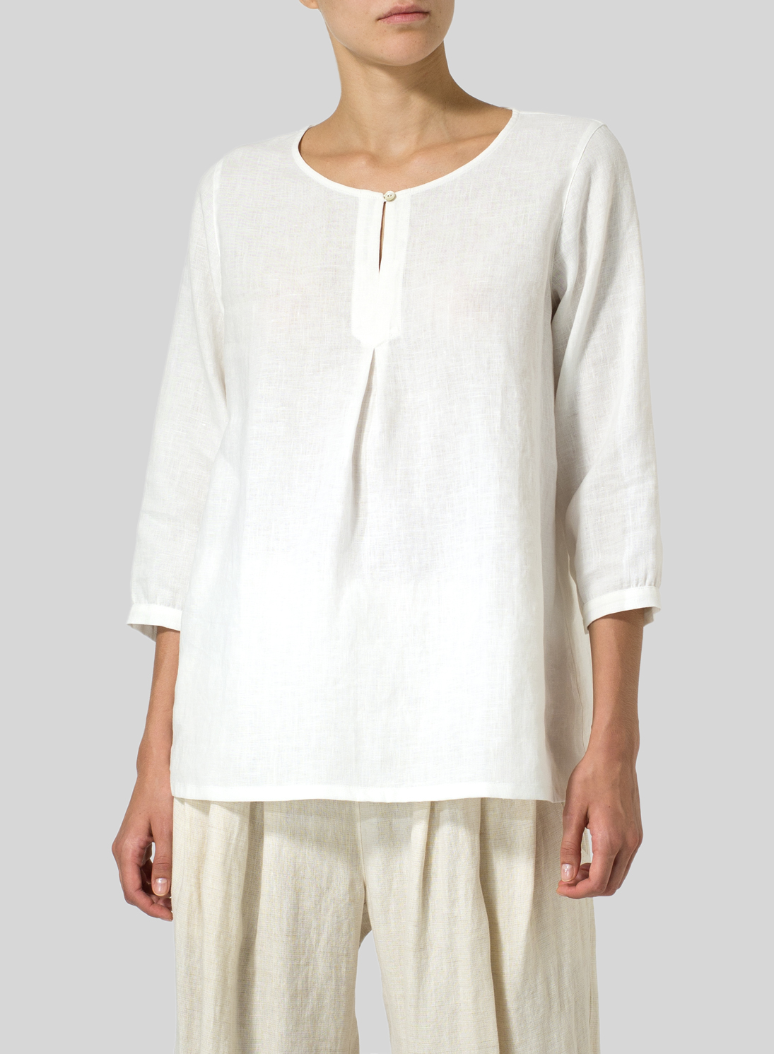Linen Long Sleeve Inverted Front Pleat Blouse - Plus Size