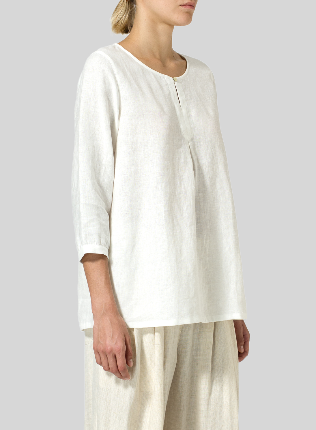 Linen Long Sleeve Inverted Front Pleat Blouse - Plus Size