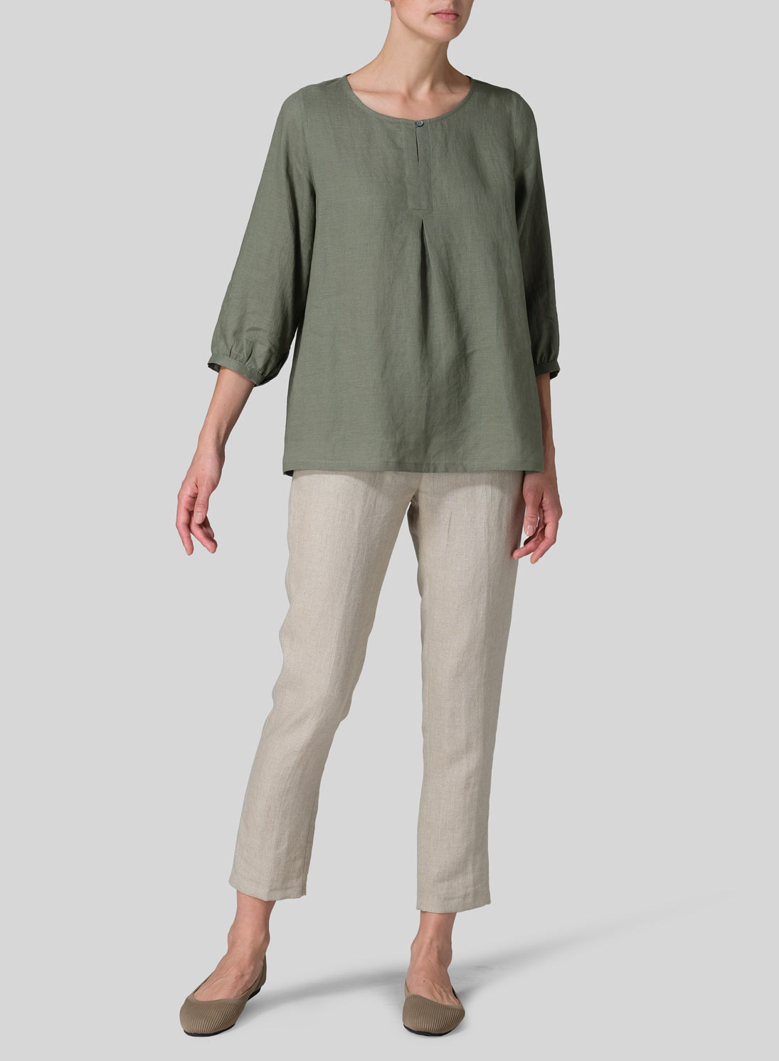 Linen Half Sleeve Inverted Front Pleat Blouse