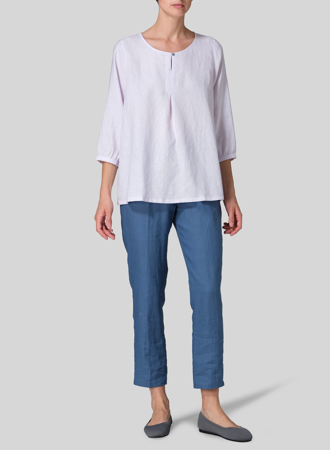 Linen Half Sleeve Inverted Front Pleat Blouse