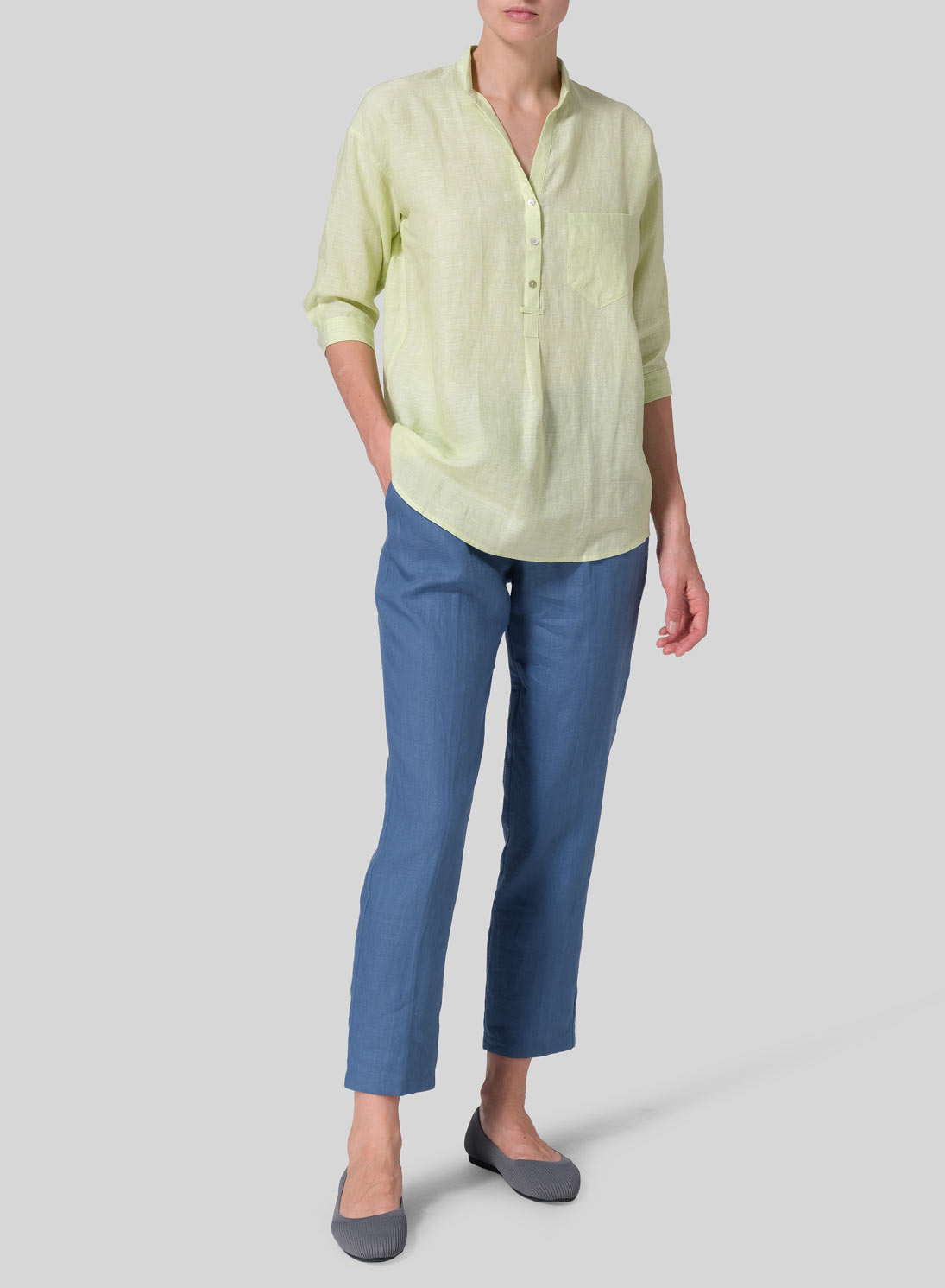 Linen Blouse With V-neck Mandarin Collar