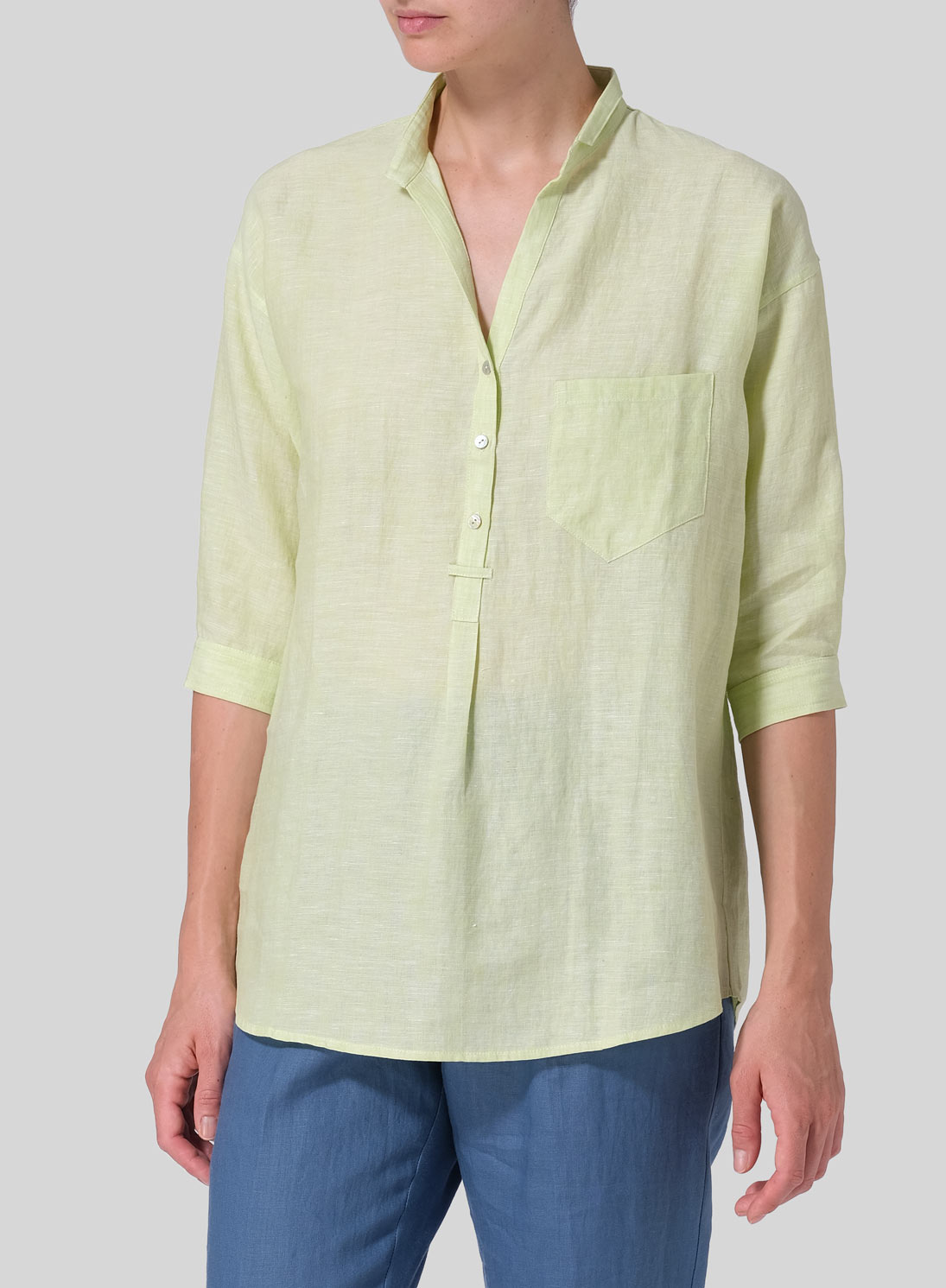 Linen Blouse With V-neck Mandarin Collar