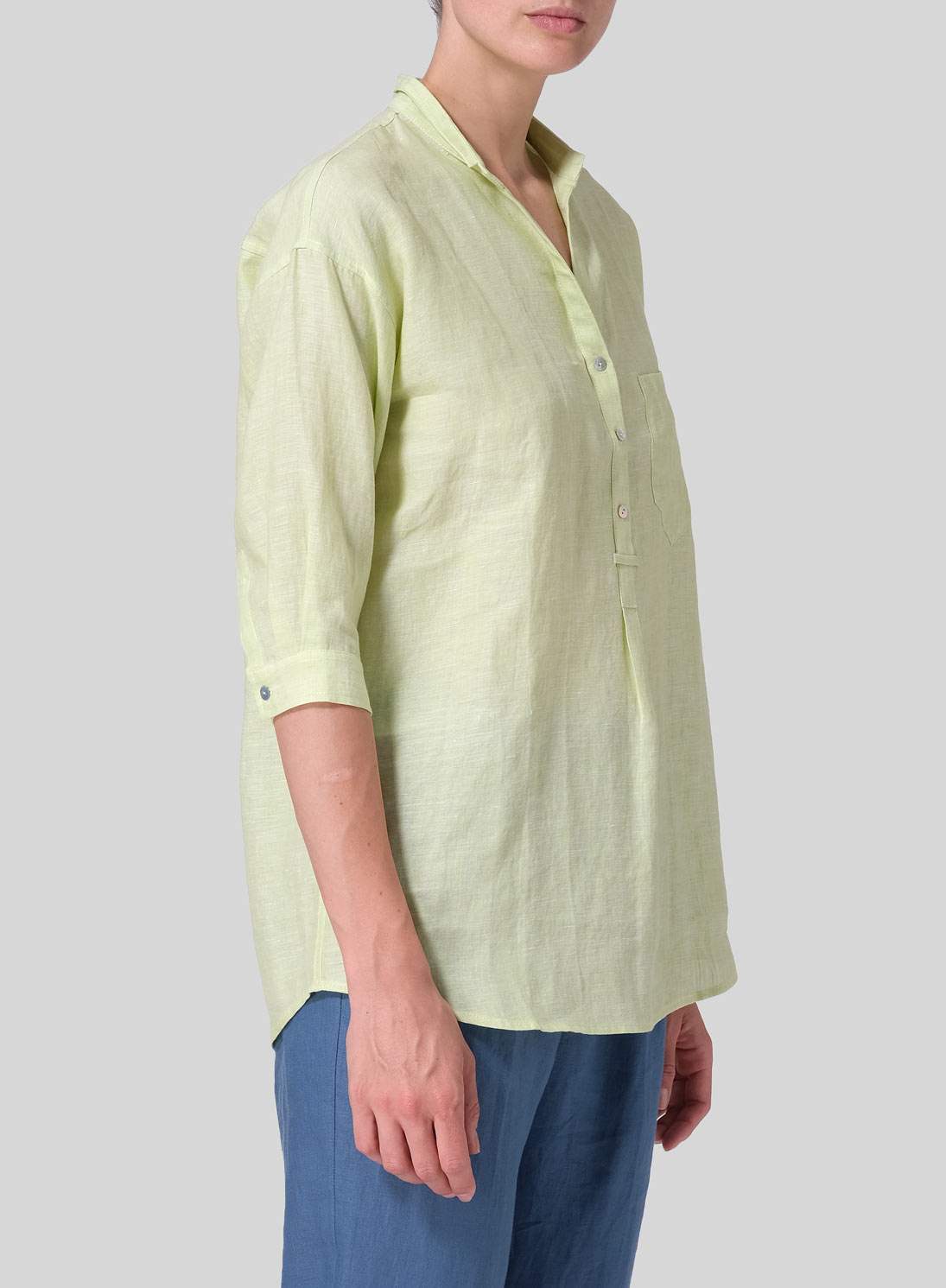 Linen Blouse With V-neck Mandarin Collar