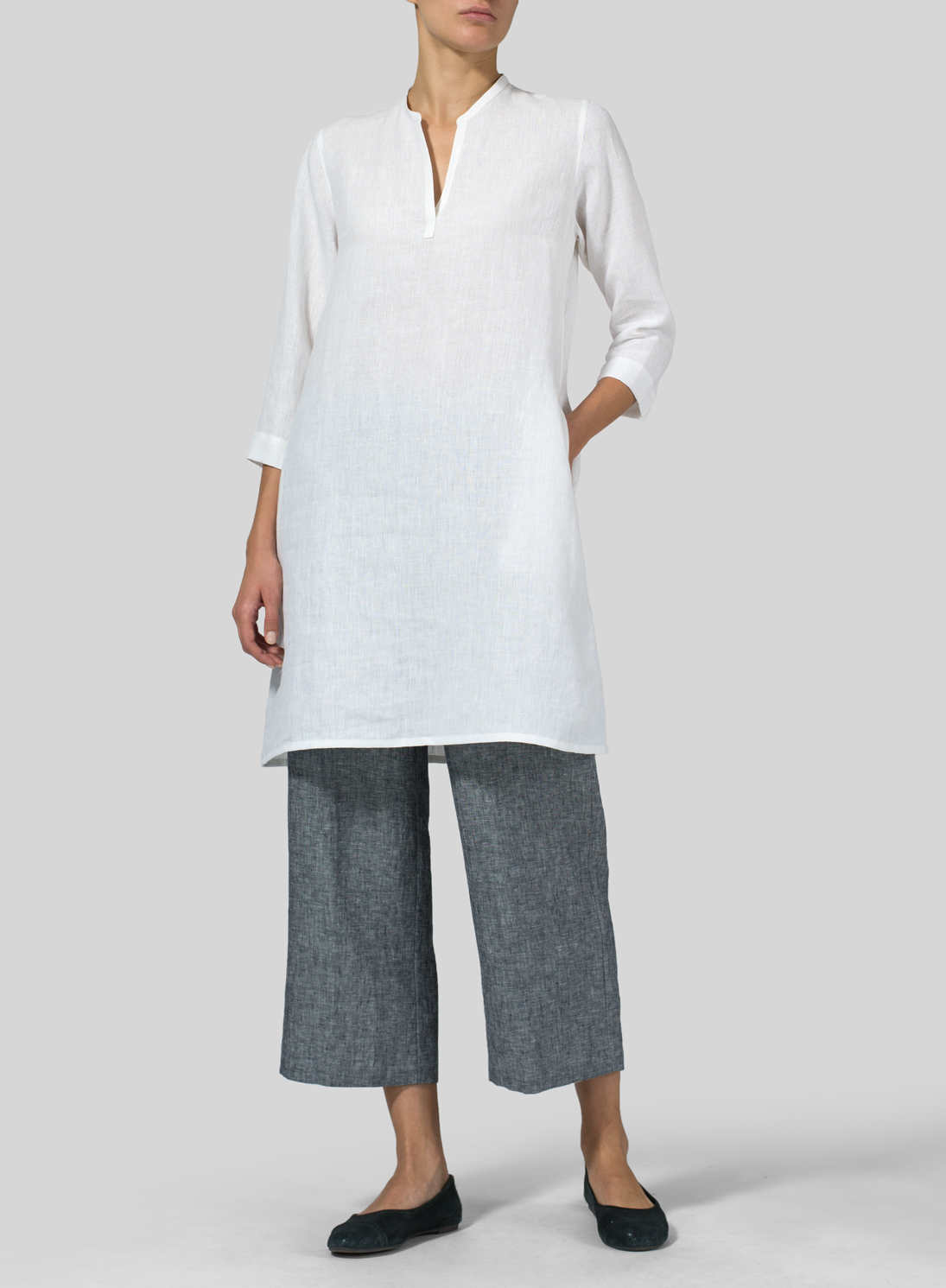 White Linen V-neck Mandarin Collar Tunic - Plus Size