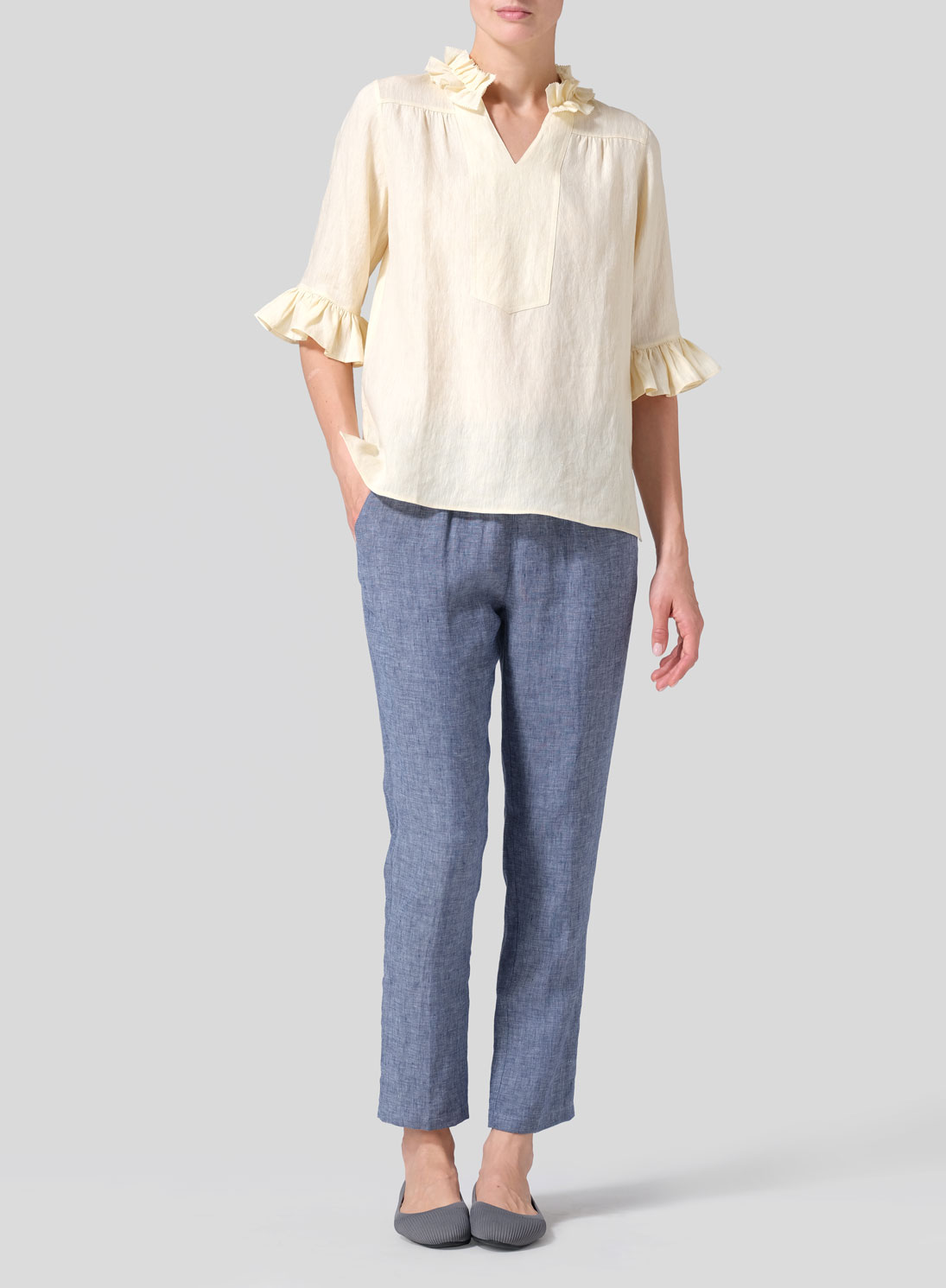 Linen Ruffle Stand Collar Top