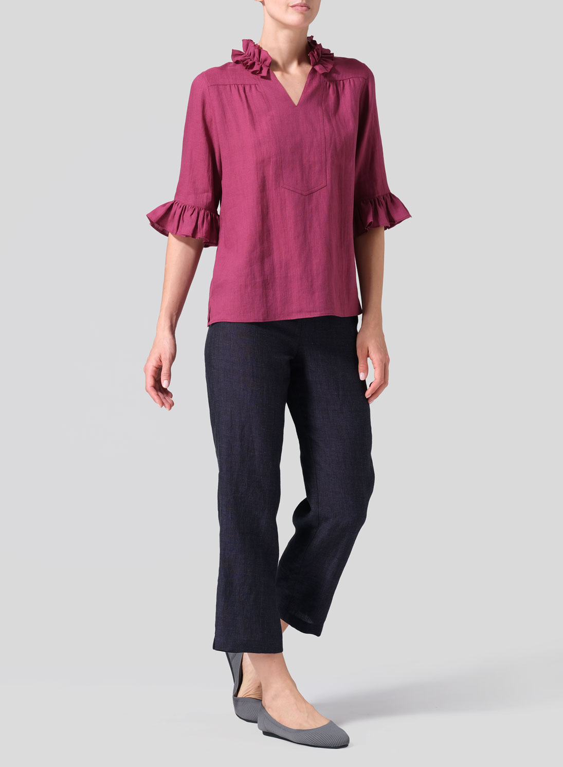 Linen Ruffle Stand Collar Top