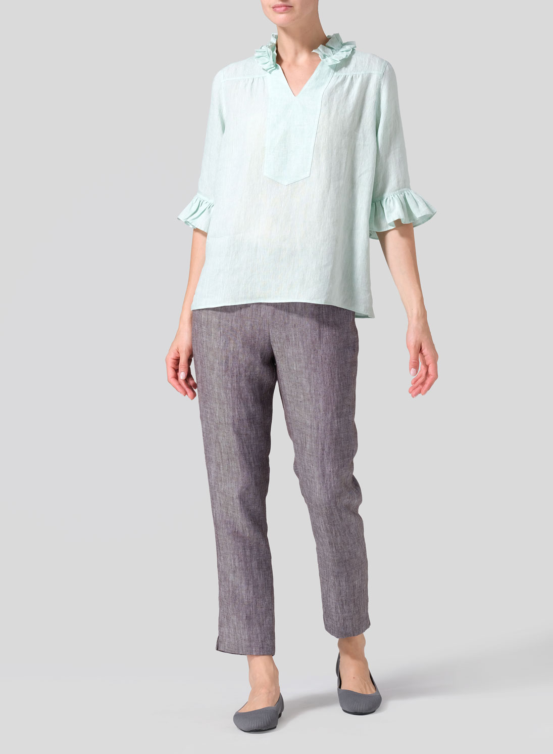 Linen Ruffle Stand Collar Top