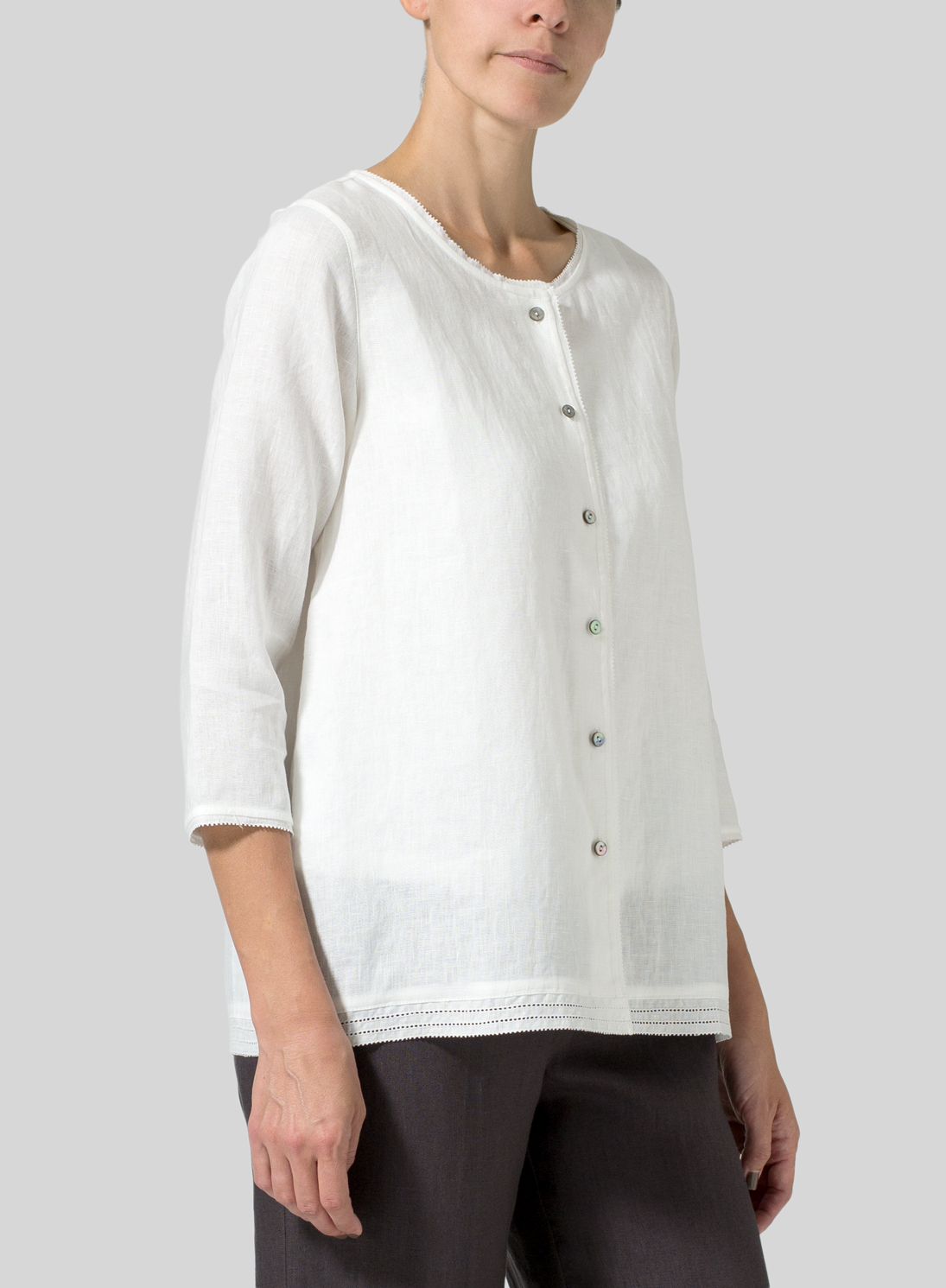 White Lightweight Linen Embroidered Hemline Top