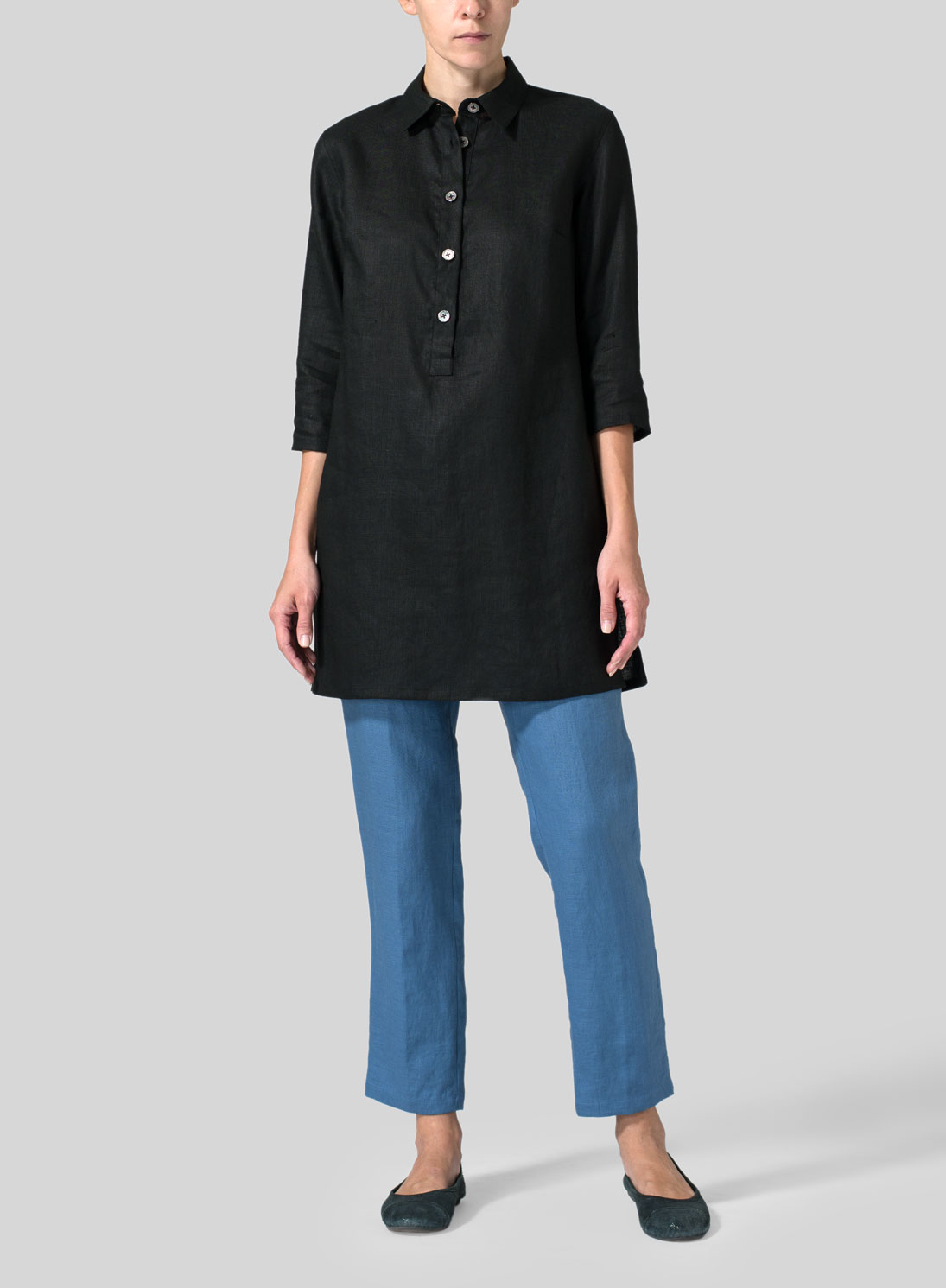 Linen Straight Fit Shirt Collar Tunic