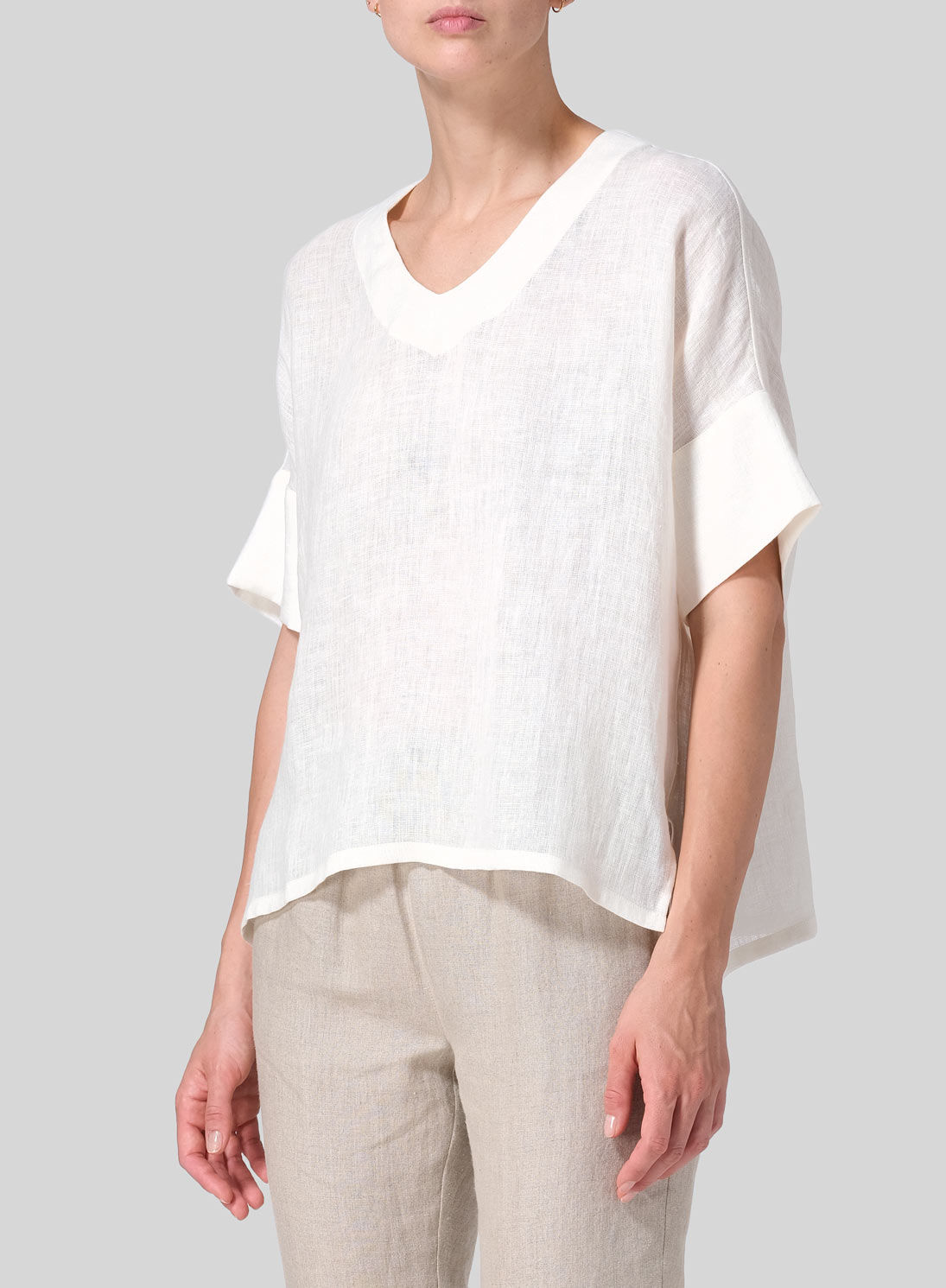 Linen Sloped Shoulder Wide Boxy V-neck Top