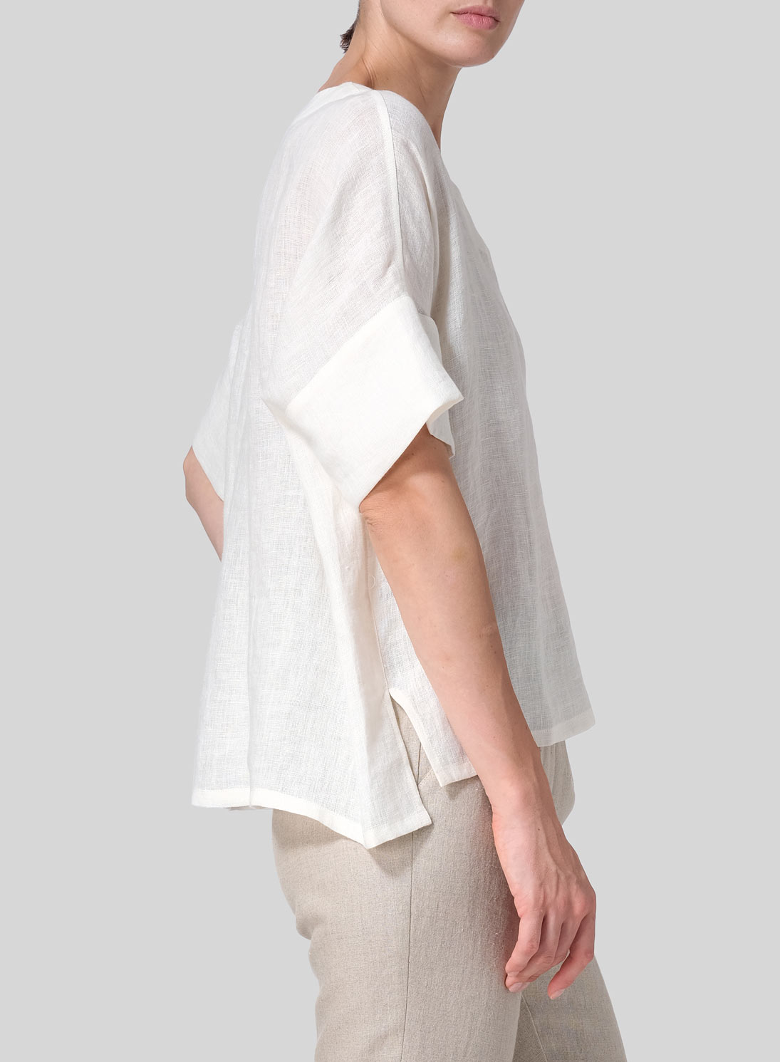 Linen Sloped Shoulder Wide Boxy V-neck Top