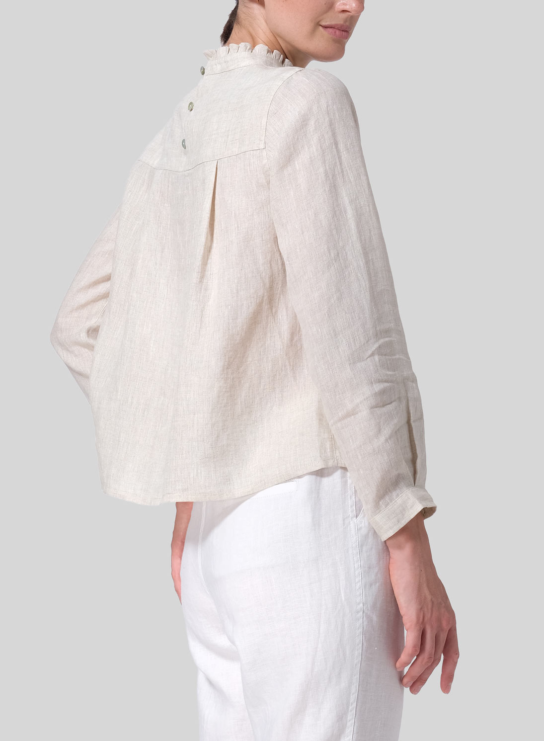 Linen Ruffle Stand Collar Cropped Blouse