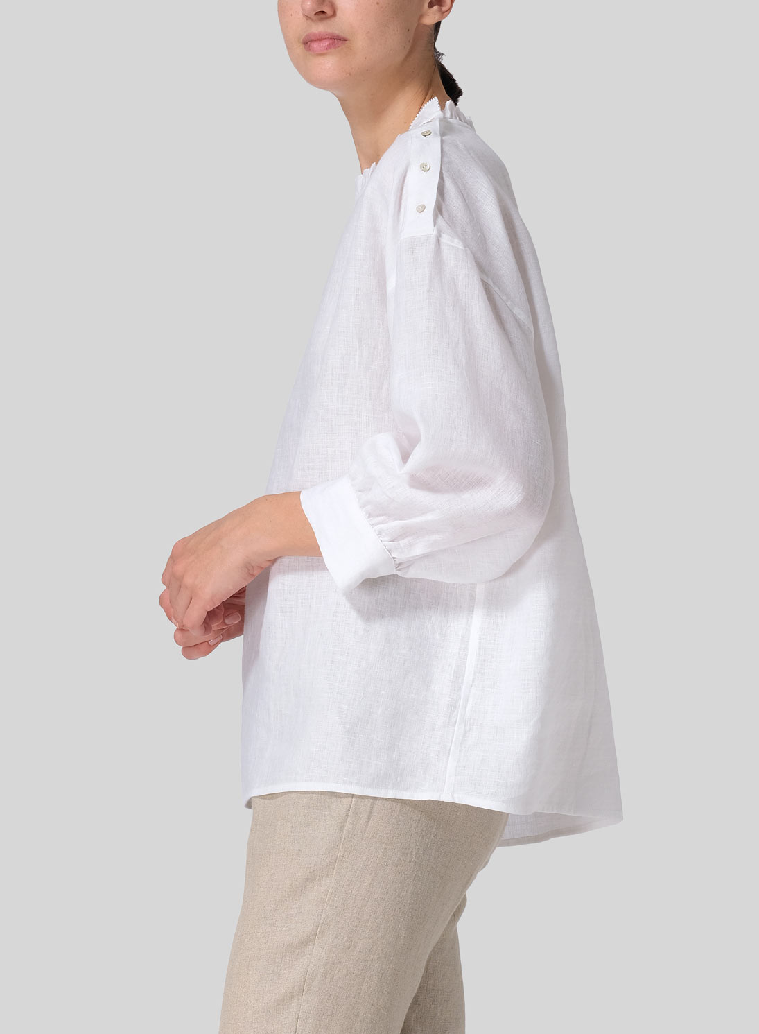 Linen Dropped Shoulder Ruffle Collar Blouse