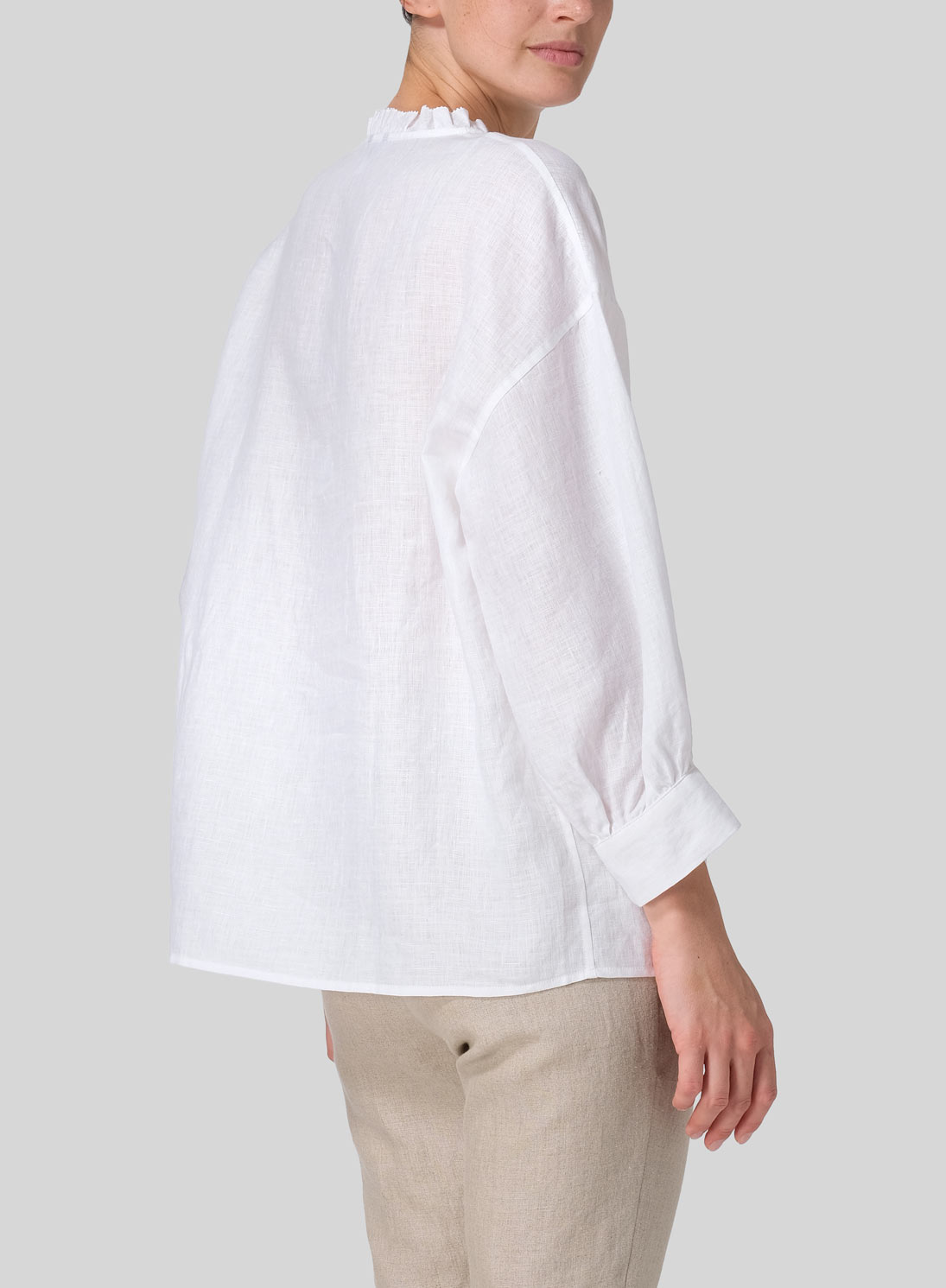 Linen Dropped Shoulder Ruffle Collar Blouse