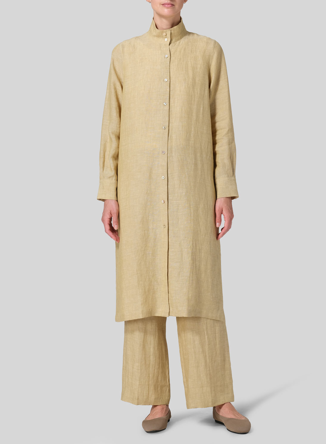 Linen High Stand Collar Long Shirt