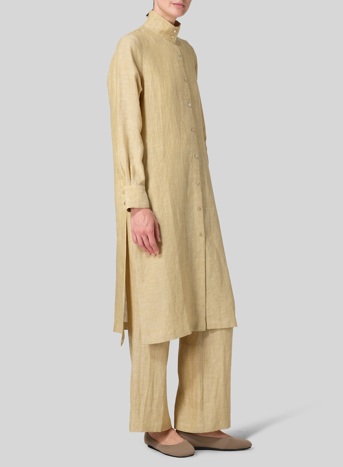 Linen High Stand Collar Long Shirt