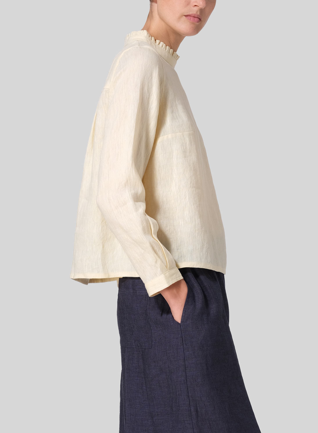 Linen Ruffle Stand Collar Cropped Blouse