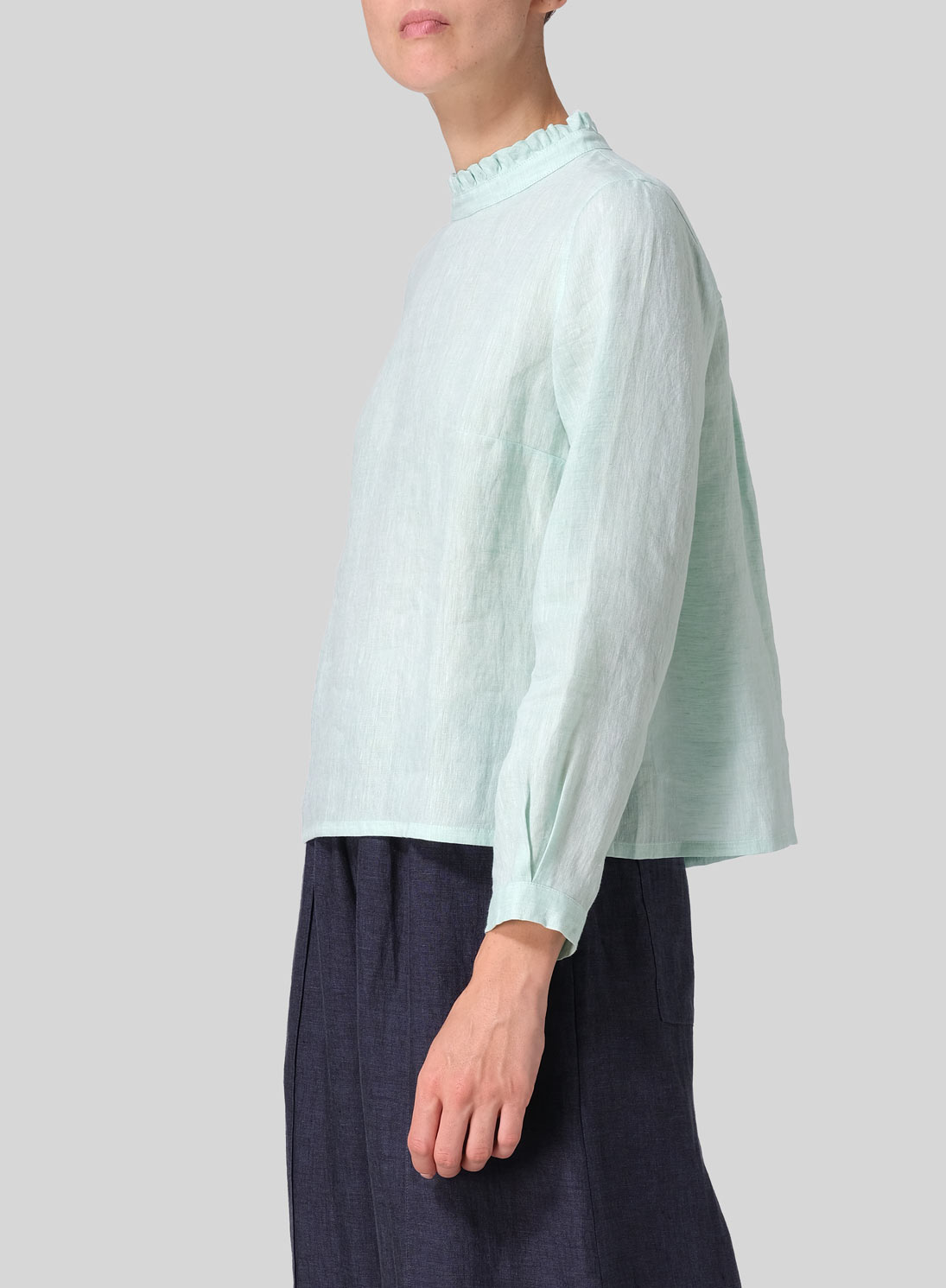 Linen Ruffle Stand Collar Cropped Blouse