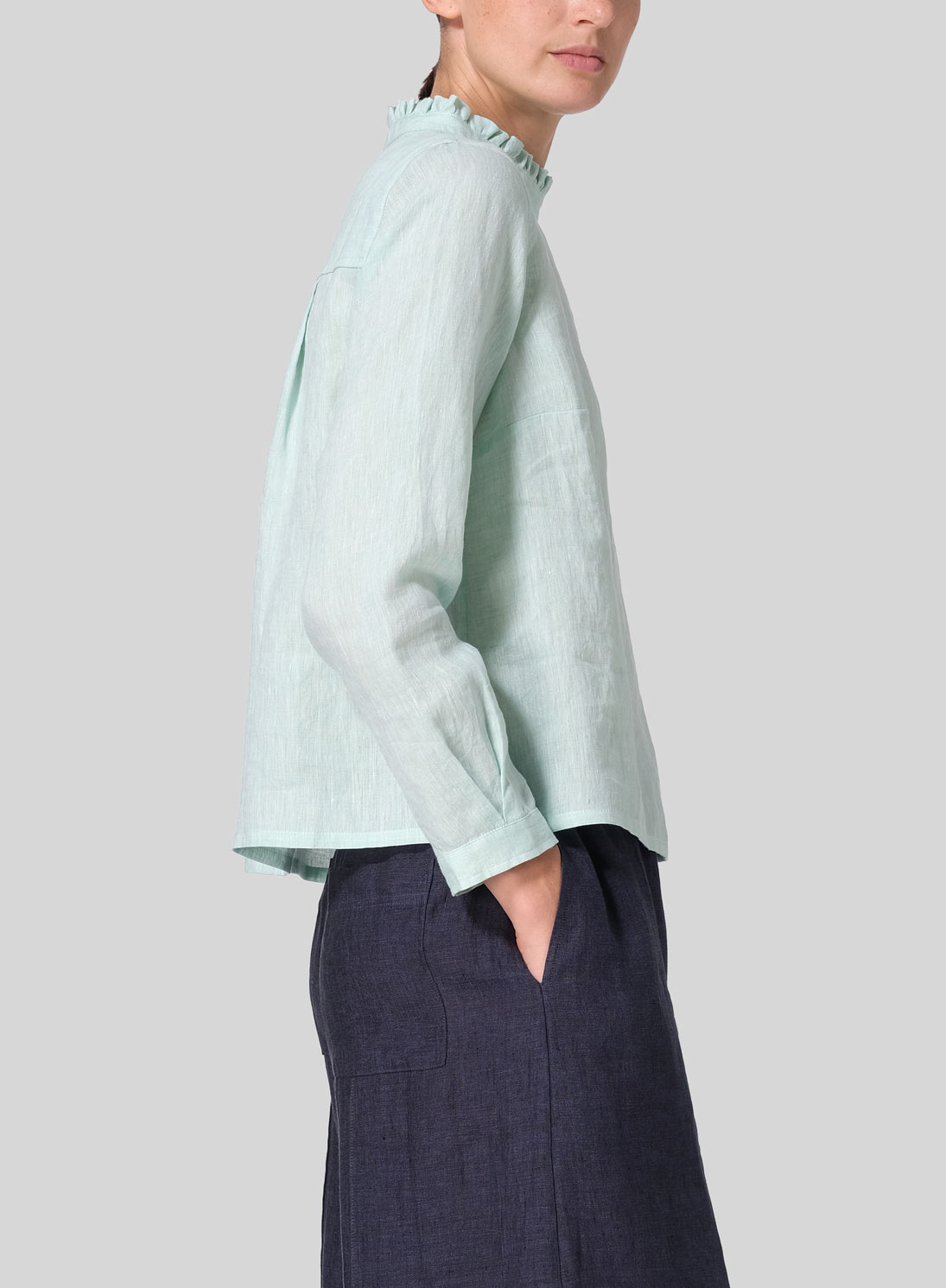 Linen Ruffle Stand Collar Cropped Blouse