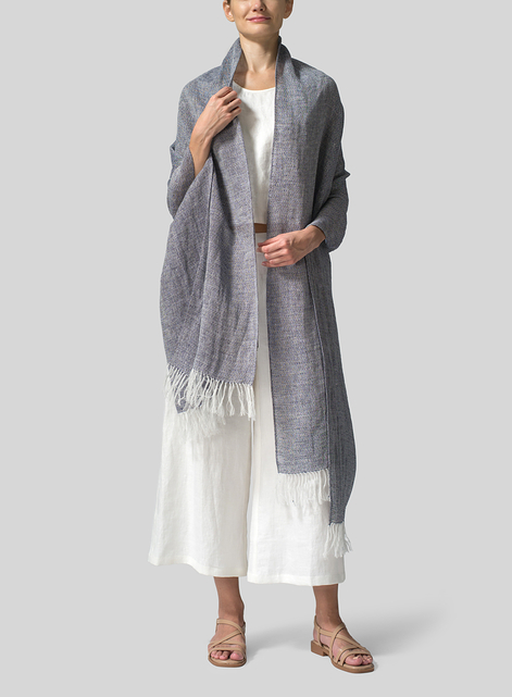 Linen Hand-crafted Two Tone Blue Long Scarf