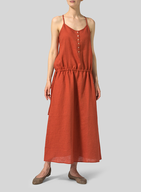 Linen Half Button-Down Sleeveless Dress