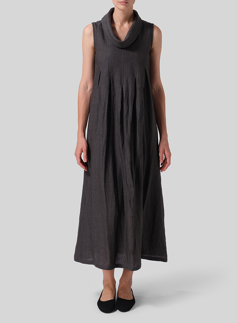 Linen Sleeveless Cowl Neck Long Dress