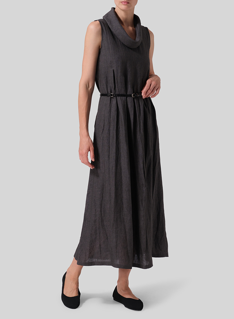 Linen Sleeveless Cowl Neck Long Dress