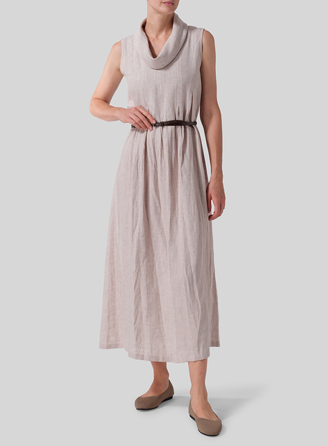 Linen Sleeveless Cowl Neck Long Dress