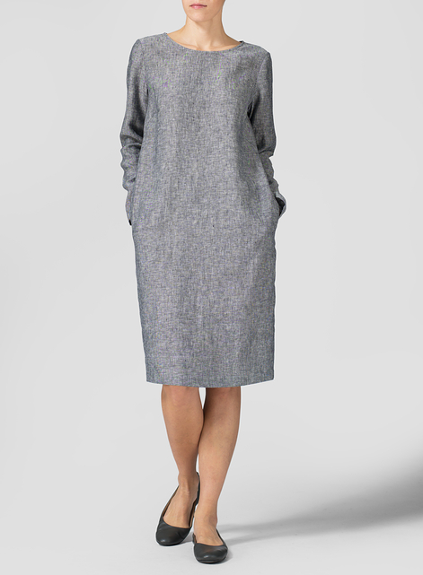 Linen Collarless Mid-Length Dress