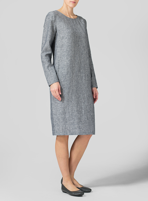 Linen Collarless Mid-Length Dress