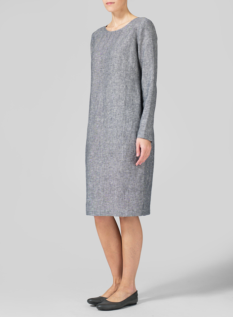 Linen Collarless Mid-Length Dress