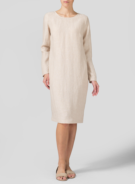 Linen Collarless Mid-Length Dress