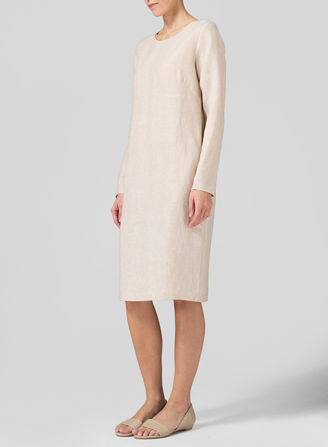 Linen Collarless Mid-Length Dress