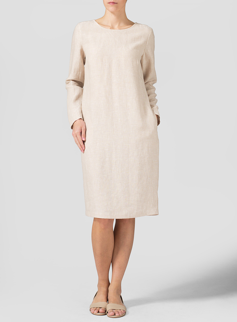 Linen Collarless Mid-Length Dress